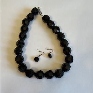Black Faceted Bead Necklace and Earrings Set - Classic Women Jewelry
